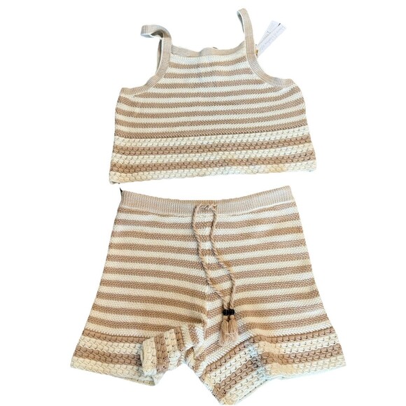 House of Harlow 2 Piece Set Women White Beige Stripe Crop Tank Shorts NWT Small - Picture 1 of 10